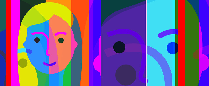 Abstract female faces and vivid bold overlapping color shapes banner