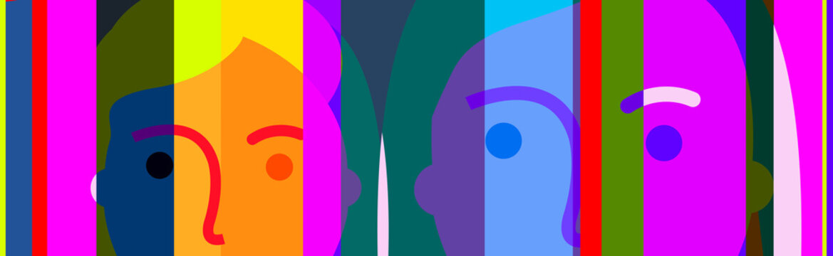 Abstract cropped faces and bold overlapping shapes wide format banner