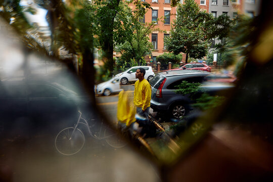 Man strolls in Brooklyn.