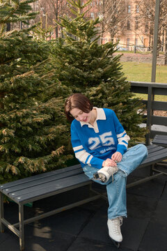 Woman changing skates
