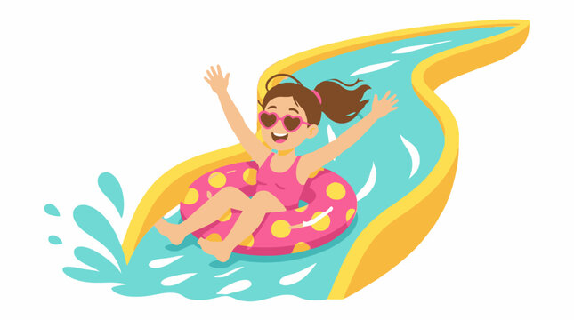 Girl enjoying waterslide fun on inflatable ring, cartoon style, isolated on white.