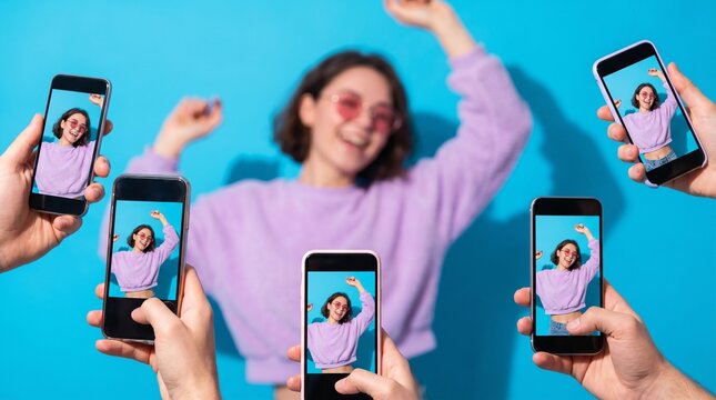 Young woman in purple sweater with arms raised, surrounded by hands holding smartphones capturing her, minimalistic photography, social media influencer concept, vibrant blue background.