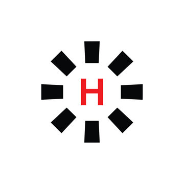 Red letter h inside a black sunburst or starburst pattern on white background