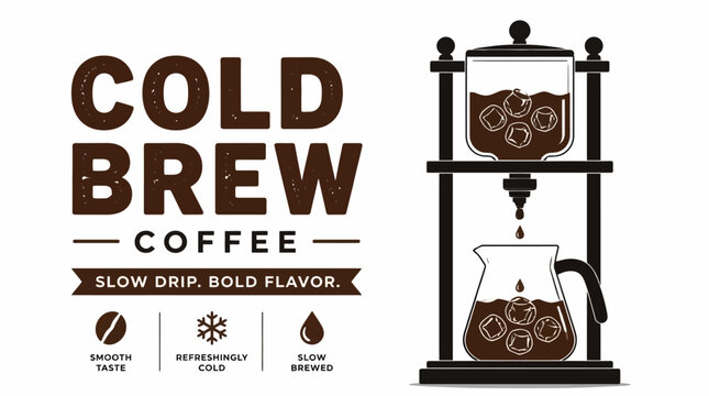 Cold brew coffee maker illustration with text "Cold Brew Coffee" and "Slow Drip, Bold Flavor."