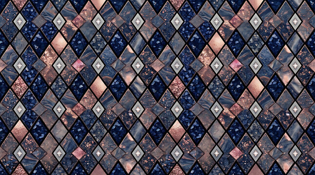 Deep blue and rose gold abstract diamond mosaic pattern geometric desig