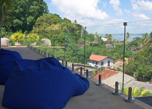 Seating Area With Blue Bean Bags and Scenic View of the Landscape