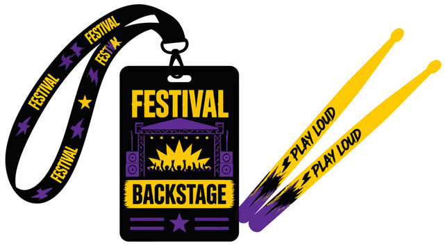 Festival backstage pass and drumsticks vector illustration with purple and yellow elements