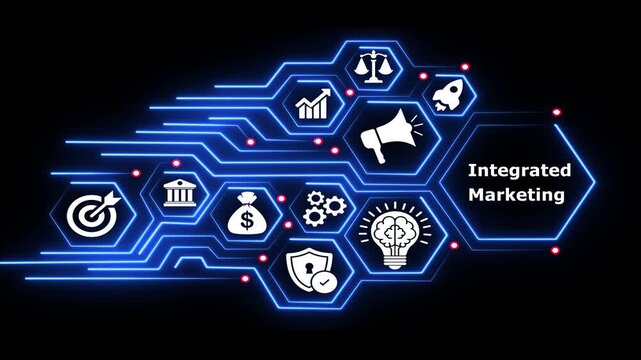 Integrated marketing strategy glowing neon technology network motion graphic.