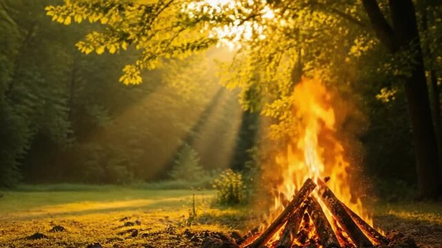 Golden Sunrise Through Trees and Bonfire &ndash; Summer Solstice Morning Celebration Footage