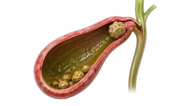 Gallbladder Filled with Cholesterol Gallstones and Impacted Stone in Cystic Duct, Hepatobiliary Anatomy Render.