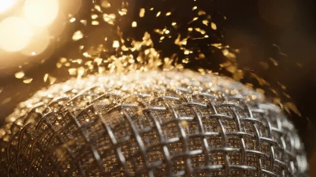 Close-up of a metal microphone grill with golden bokeh