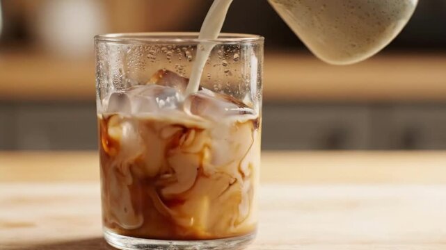 Pouring cream into iced coffee with condensation on glass