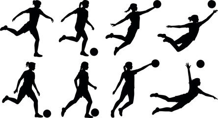 Female handball players and soccer players silhouettes collection set with women athletes kicking shooting jumping and diving action vector © BIPUL