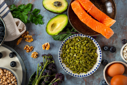 Overhead image of healthy food including seeds and nuts