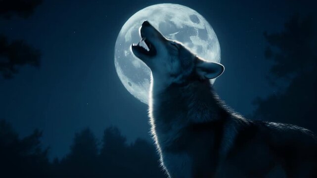 wolf howling with moonlight and a large full moon background, deep night blue tonight