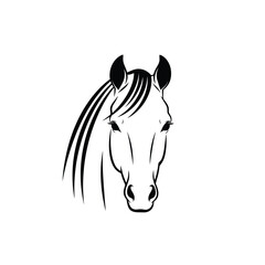Black and white stylized horse head silhouette with flowing mane keywords: horse, head © dipu