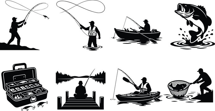 Fishing silhouette icon set including anglers casting, fly fishing, jumping bass fish, tackle box, boats, and lake scenesFishing silhouette icon set including anglers casting, fly fishing
