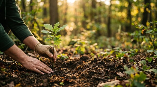 Close-up of hands carefully planting a tree sapling, climate action and carbon reduction concept