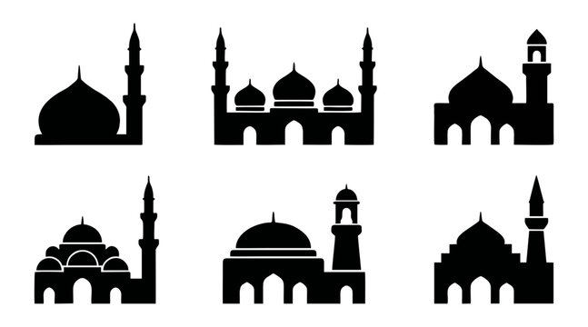 Set of six minimalist black mosque silhouettes featuring domes and minarets in a clean and simple vector graphic flat style