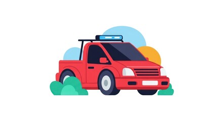 Fototapeta premium Red pickup truck with blue light bar flat illustration