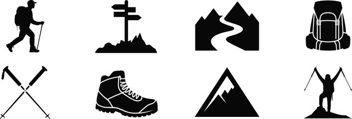Professional hiking and mountain adventure icons set featuring hiker silhouettes, backpack, trekking poles, boots, and signpost symbols © SreePoreshChandra