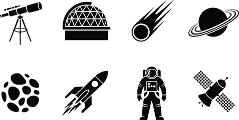 Professional set of space exploration and astronomy icons featuring telescope observatory rocket astronaut satellite and celestial bodies isolated on white © SreePoreshChandra