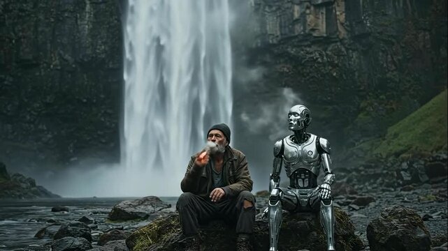 Homeless man sitting with robot near waterfall. Post-apocalyptic survivor relaxing with android. Cybernetic machine and human friendship concept in nature scene.