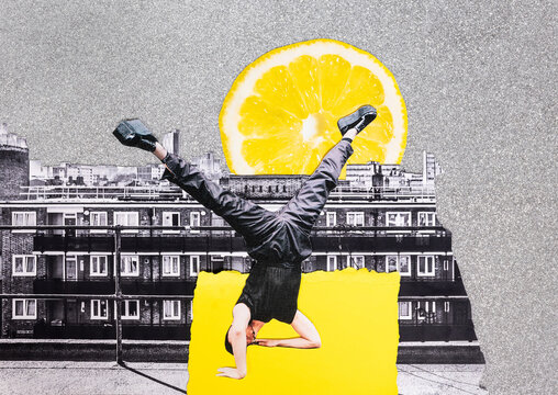 Analog collage upside down man with city panorama and oversized lemon
