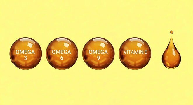 Four amber capsules labeled Omega 3 6 9 Vitamin E and oil drop three nine