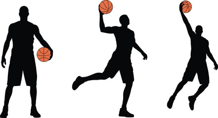 Set of professional basketball player silhouettes in dynamic action poses including jumping dunking and standing with orange ball © SreePoreshChandra