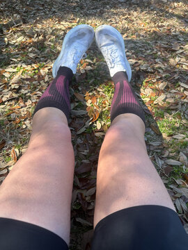 UGC view of tired legs middle aged woman after a marathon