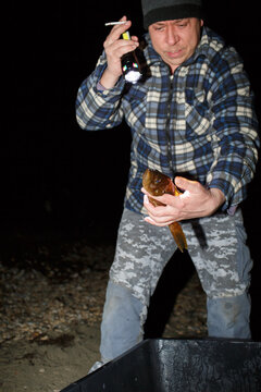 Fisherman checks his night's catch