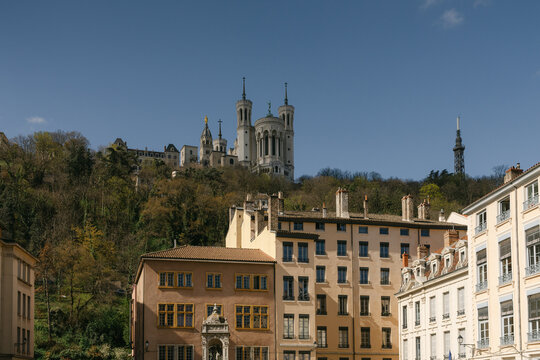 Place saint Jean in Lyon with Fourviere in background 