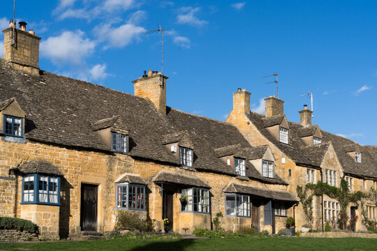 Row of historic houses in an English village in spring