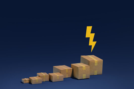 Cardboard boxes arranged in ascending order with a yellow bolt