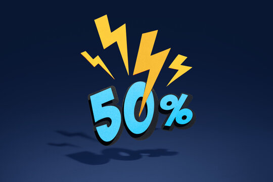 Fifty percent discount with lightning bolts on dark blue