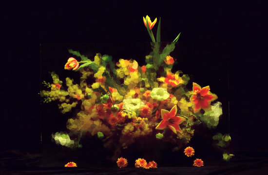 A bouquet of flowers seen through distorted glass