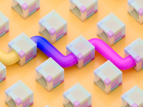Colorful Tubes Connect Blocks on a Grid in a Creative Design Scene