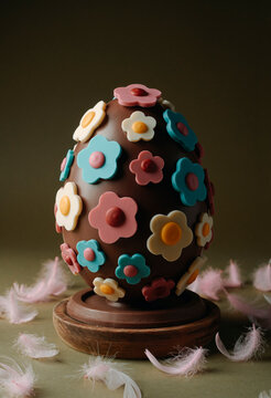 a chocolate easter egg with colorful flowers on a wooden base