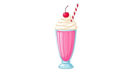 Retro Pink Strawberry Milkshake with Whipped Cream, Cherry, and Straw © Free vector