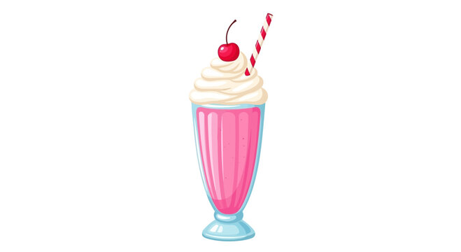 Retro Pink Strawberry Milkshake with Whipped Cream, Cherry, and Straw