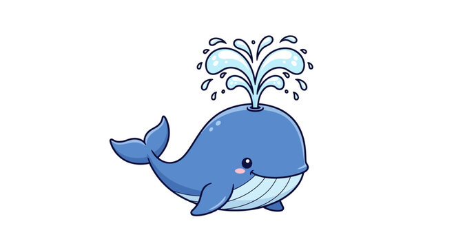 Cute cartoon blue whale spouting water isolated on white background, marine life