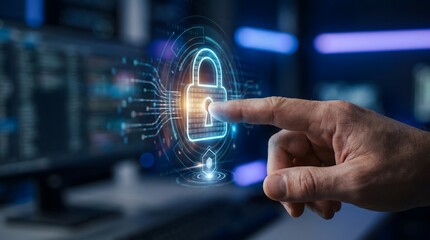 Fototapeta premium Hand touching a digital padlock icon for cyber security concept