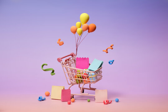 Whimsical shopping cart with balloons and confetti floating