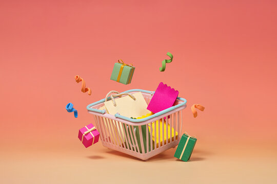 Shopping basket overflowing with gifts and confetti