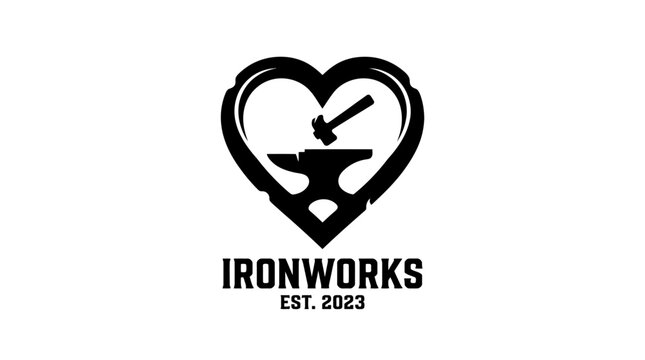 Heart shaped forge logo with anvil and hammer, industrial concept graphic element