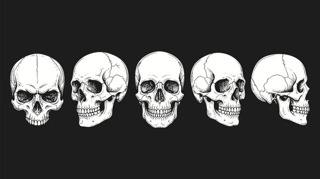 Hand Drawn Human Skull Anatomy Collection in Vintage Engraving Style &ndash; Detailed Gothic Skeleton Heads Line Art Vector Illustration