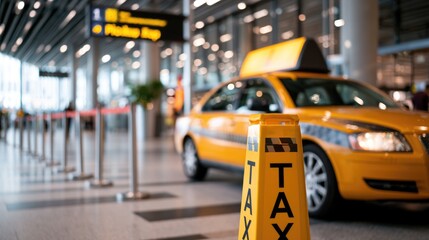 Fototapeta premium Yellow taxi parked inside a modern airport terminal with a bright 