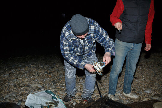 Fishermen and a blue crab