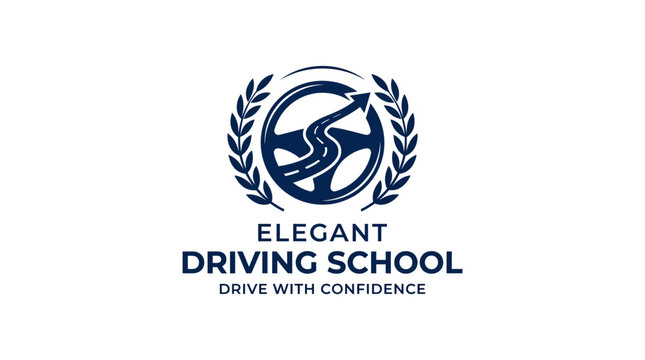Driving school logo with steering wheel, road, and laurel wreath on white background